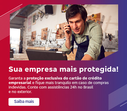 #BradescoAcessível #PraTodoMundoVer Sua empresa mais protegida! Garanta a proteção exclusiva do cartão de crédito empresarial e fique mais tranquilo em caso de compras indevidas. Conte com assistências 24h no Brasil e no exterior. Botão: Saiba mais.Descrição da imagem: No topo, há a fotografia de um homem jovem falando ao telefone e olhando para um tablet. Abaixo, há um fundo que transita do azul para o vermelho com o texto do título e conteúdo em branco, além do CTA em um botão branco com texto em azul. Há também elementos gráficos em branco no canto superior esquerdo e no canto inferior direito da imagem.  